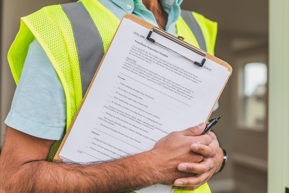 Close-up of a person wearing a high-visibility yellow safety vest over a light blue shirt, holding a clipboard with a printed inspection checklist and a black pen in their right hand. The checklist appears to be related to home inspection, featuring multiple handwritten notes and checkboxes. The individual's left arm is partially visible, revealing some forearm hair and skin tone. The background includes an indoor setting with a window allowing natural light to illuminate the scene, suggesting a professional environment involved in property or waste management assessments. This image implicitly relates to on-site inspections for rubbish and waste clearance services, emphasizing the importance of thorough evaluations in alternative rubbish removal or private waste handling. The focus on the clipboard and the detailed checklist supports the context of efficient site clearance coordination by companies like House Clearance Wandsworth, ensuring compliance with waste removal standards in the Wandsworth area.